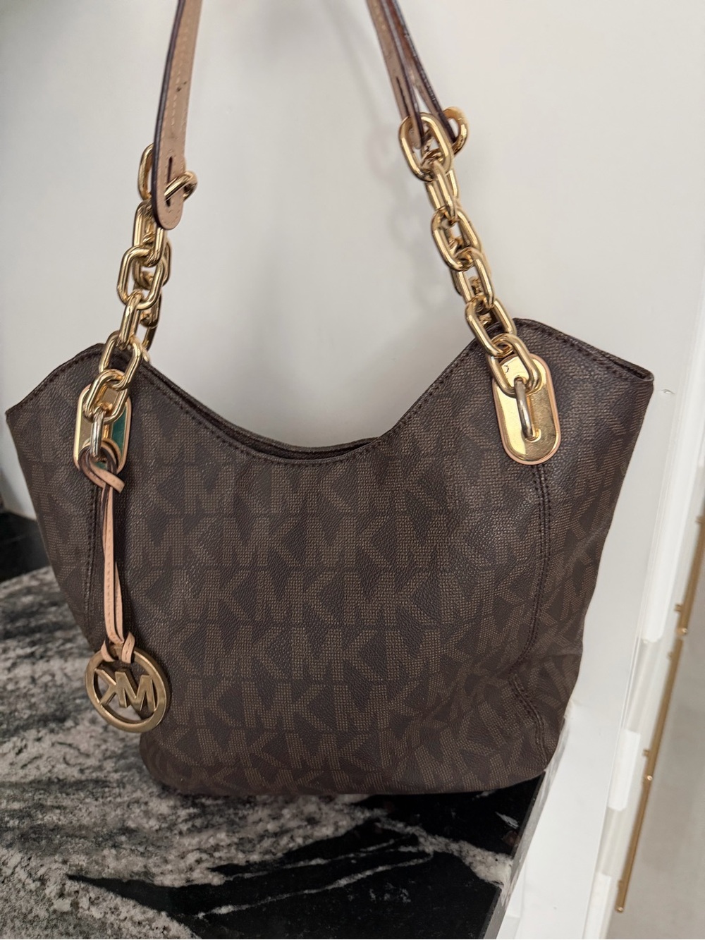 Michael Kors Dark Brown Logo Shoulder Tote with Gold Hardware